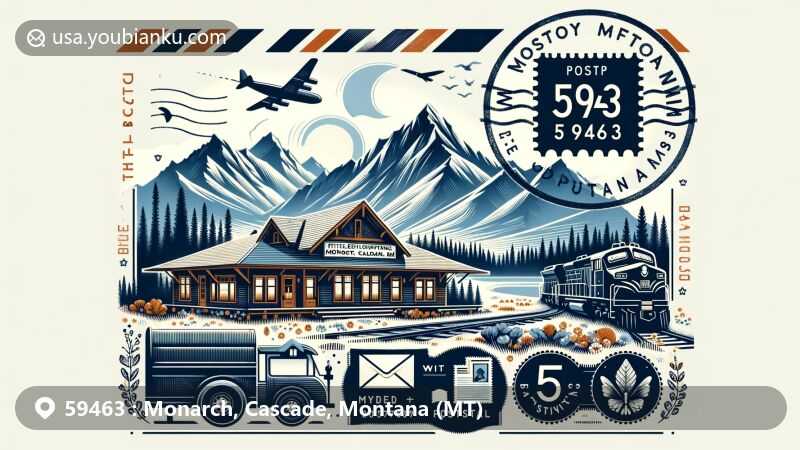 Modern illustration of Monarch, Cascade, Montana (MT), featuring scenic Little Belt Mountains and Lewis and Clark National Forest, with historic Monarch Depot silhouette. ZIP Code 59463 displayed with postal elements like stamp, postmark, and mailbox/truck.