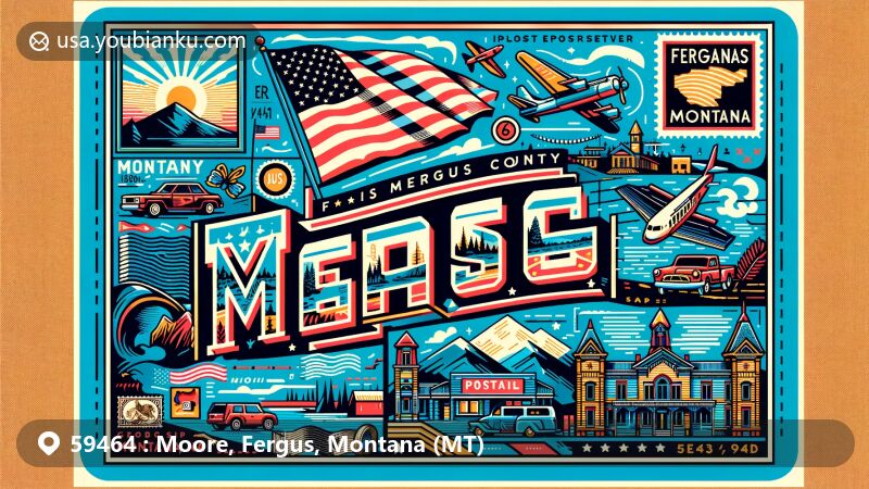 Modern illustration of Moore, Fergus County, Montana, featuring postal theme with ZIP code 59464, showcasing state flag and local cultural elements.