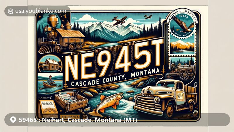 Modern illustration of Neihart, Cascade County, Montana (MT), celebrating ZIP code 59465, featuring Little Belt Mountains, historical mining elements, trout fishing, and Montana state flag.