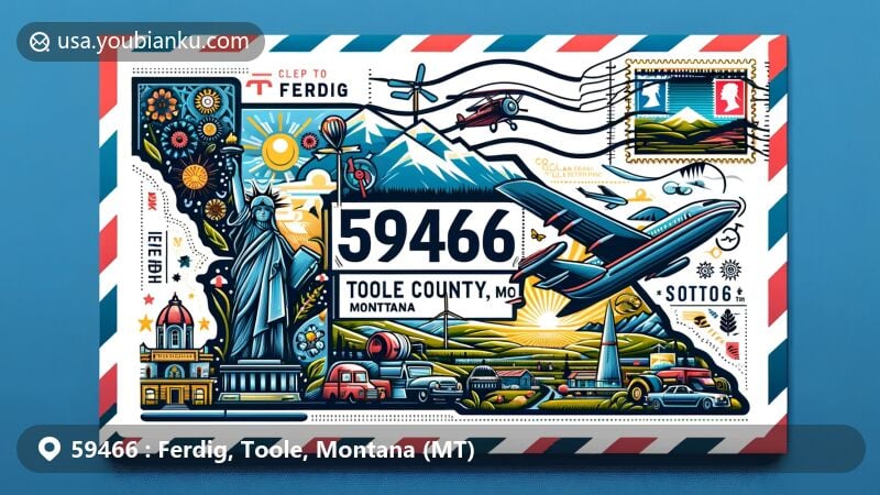 Colorful illustration of ZIP code 59466 in Ferdig, Toole County, Montana, resembling an airmail envelope with local Montana landmarks and symbols.