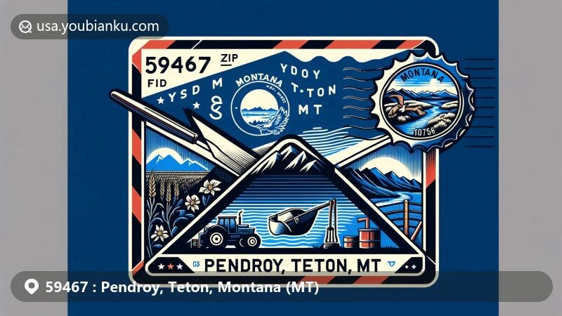 Modern illustration of Pendroy, Teton, MT airmail envelope, showcasing ZIP code 59467 and Montana state flag with state seal depicting mountains, river, and farming tools.
