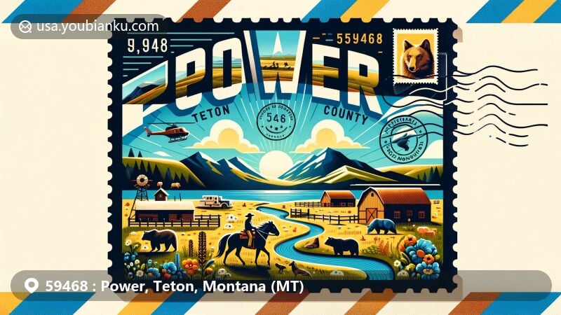 Creative illustration of a vintage airmail envelope blending iconic elements of Power, Teton County, Montana, featuring rolling plains, a ranch with cowboys and horses, and local wildlife like bears or deer. The envelope includes postal elements such as postmark, ZIP Code 59468, and a stamp showcasing Montana's natural landscapes.