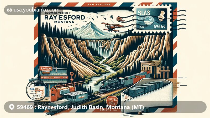 Modern illustration of Raynesford, Montana, showcasing natural beauty of Sluice Boxes State Park with canyons and mountain ranges, and railway elements reflecting mining history, presented as an airmail envelope with stamp, postmark, and ZIP Code 59469, including postal elements like mailbox and mail truck, and Montana state symbols.