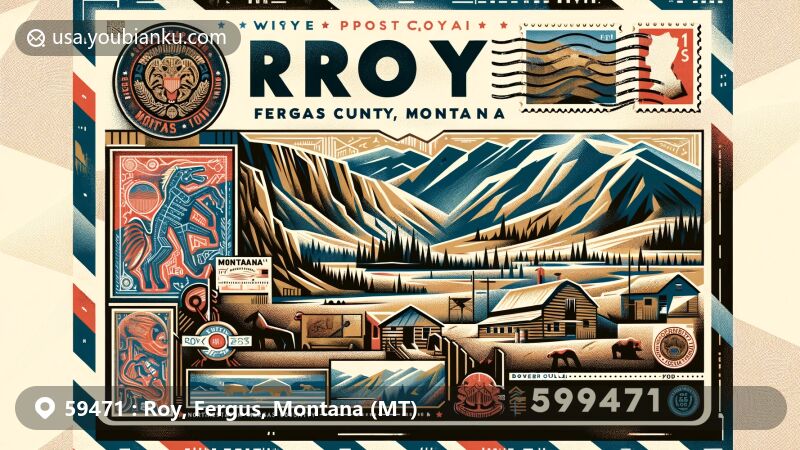 Modern illustration of Roy, Fergus County, Montana, in the style of a postal card with ZIP code 59471, featuring Beargulch Pictographs and Montana state flag.