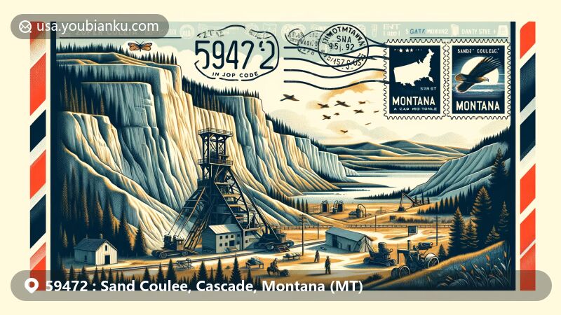 Modern illustration of Sand Coulee, Montana, capturing the scenic landscape with sandstone cliffs and coal mining history, featuring state flag elements and ZIP Code 59472.