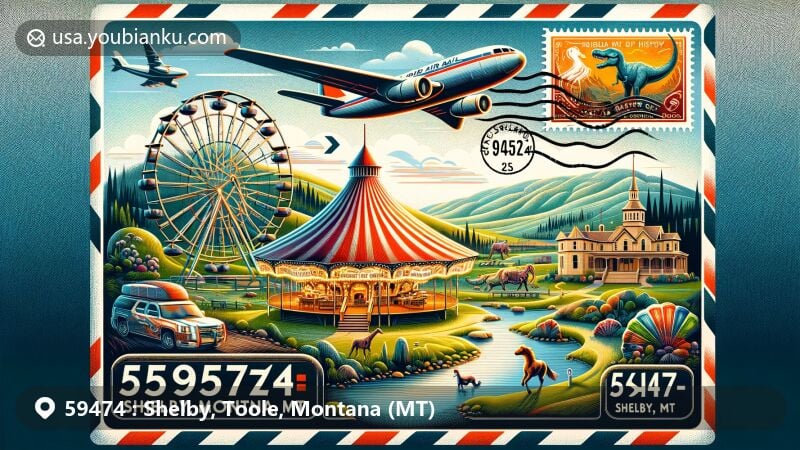 Vintage-style illustration of Shelby, Toole County, Montana, with air mail envelope showcasing landmarks like Carousel Rest Area, Marias Museum of History, and Marias Valley Golf Course.