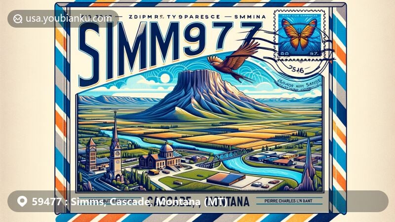 Modern illustration of Simms, Cascade, Montana, showcasing postal theme with ZIP code 59477, featuring Crown Butte Preserve, Bird Tail Rock, and town layout inspired by Pierre Charles L'Enfant.