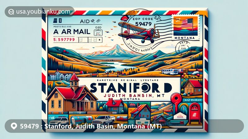 Modern illustration of Stanford, Judith Basin, Montana, featuring postal theme with ZIP code 59479, showcasing natural landscapes and cultural landmarks.