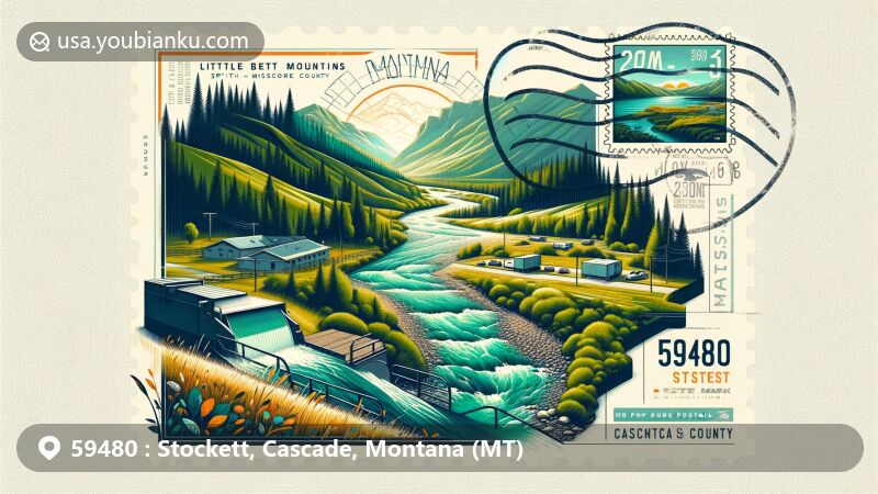 Modern illustration of Stockett, Cascade County, Montana, featuring the Little Belt Mountains, Smith and Missouri Rivers, and Sluice Boxes State Park, with Montana state flag stamp and ZIP code 59480.