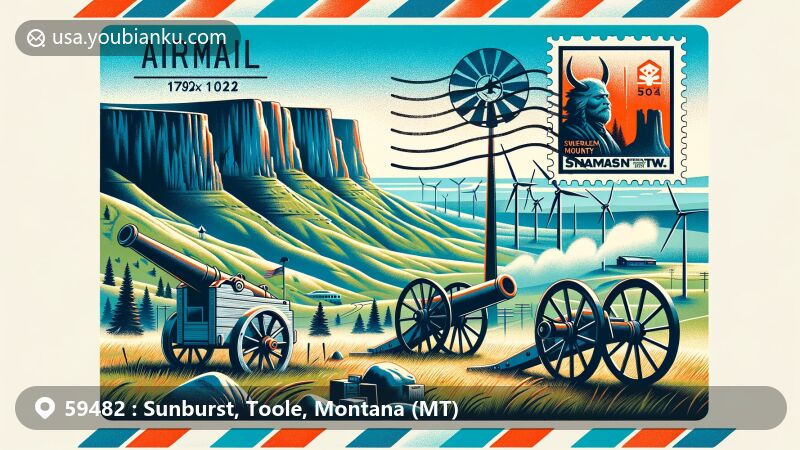 Contemporary illustration of Sunburst, Toole County, Montana, depicting postal theme with ZIP code 59482, showcasing iconic landmarks and natural beauty.