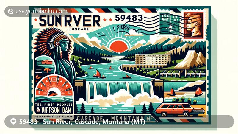 Modern illustration of the Sun River area, Cascade County, Montana, with ZIP code 59483, featuring iconic landmarks such as Sun River, Gibson Dam, and First Peoples Buffalo Jump State Park in a postcard format.