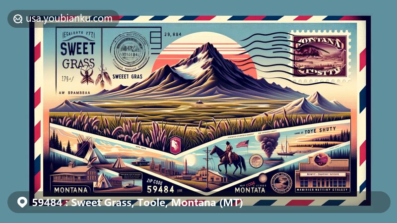 Modern illustration of Sweet Grass and Toole County, Montana, featuring vintage airmail envelope with postal elements, Montana state flag, and iconic landmarks like Sweetgrass Hills and Marias Valley Golf Course.