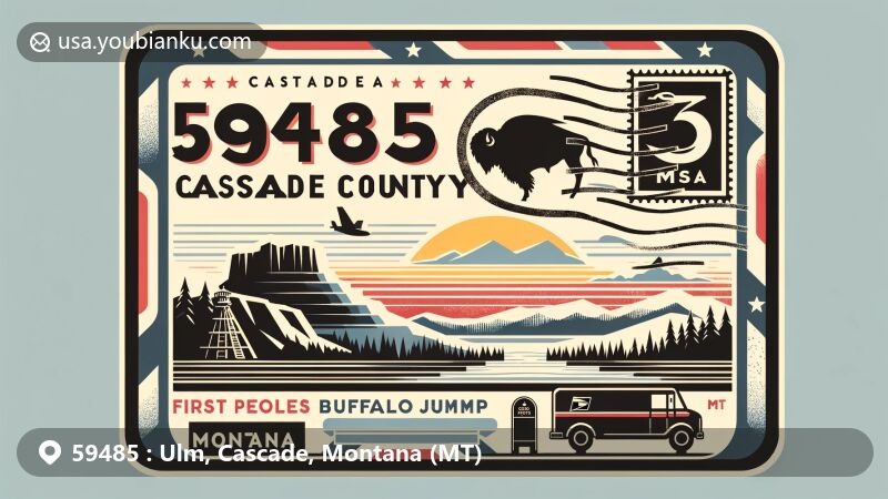 Vintage-style illustration of Ulm, Cascade County, Montana, showcasing postal theme with ZIP code 59485, featuring Montana state flag, Tower Rock State Park, First Peoples Buffalo Jump, and the Missouri River.