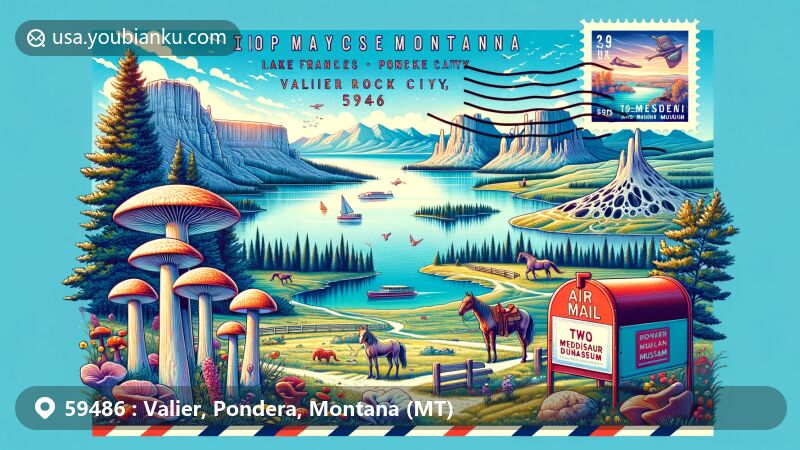 Modern illustration of Valier, Pondera County, Montana, showcasing scenic beauty of Lake Frances, unique rock formations of Rock City, pastoral scenes from DeBoo's Ranch, and dinosaur exhibits from Two Medicine Dinosaur Museum.