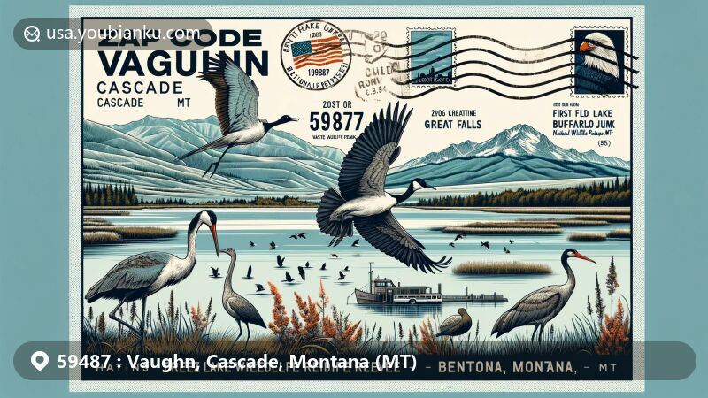 Modern illustration of Vaughn, Cascade, Montana, resembling a postcard design, featuring bird species from Freezout Lake and Benton Lake, with First Peoples Buffalo Jump State Park outline and Great Falls cityscape.