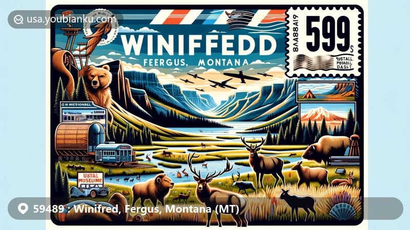 Modern illustration of Winifred, Fergus, Montana, showcasing diverse landscape with prairies, canyons, and wildlife, including deer, antelope, elk, and bighorn sheep. Features Winifred Museum's Tonka Toys collection and postal elements like stamp and ZIP code 59489.