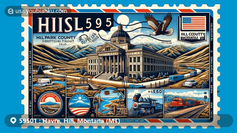 Modern illustration of Havre, Hill County, Montana, showcasing vintage airmail theme with ZIP code 59501, featuring Wahkpa Chu'gn Archaeological Site, Hill County Courthouse, Historic Railroad District, and Bear Paw Mountains.
