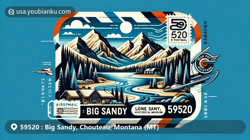 Modern illustration of Big Sandy, Montana, representing ZIP code 59520, featuring Bear Paw Mountains, Lonesome Lake, and Big Sandy Historical Museum.