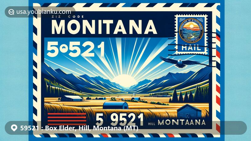 Modern illustration of Box Elder, Hill County, Montana, styled as an air mail envelope for ZIP code 59521, featuring rural landscapes, Montana state flag, and postal elements.