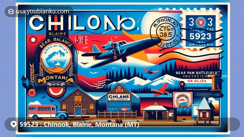 Modern illustration of Chinook, Blaine, Montana, postcard style with ZIP code 59523, featuring Bear Paw Battlefield Museum and Montana state flag.