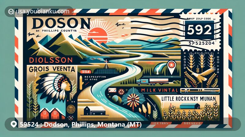 Modern illustration of Dodson, Phillips County, Montana, styled as a postcard with ZIP code 59524, showcasing Fort Belknap Indian Reservation, Milk River, Little Rocky Mountains, and symbols of Gros Ventre and Assiniboine tribes.