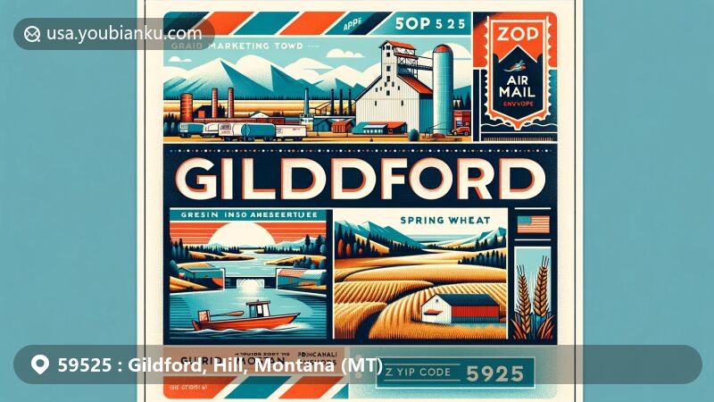Modern illustration of Gildford, Hill, Montana, portraying postal theme with ZIP code 59525, featuring local landmarks and regional characteristics.
