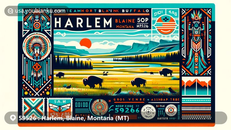 Modern illustration of Harlem, Blaine, Montana, highlighting Fort Belknap Buffalo Reserve and cultural elements from Gros Ventre and Assiniboine tribes, featuring ZIP code 59526 and classic postal imagery.