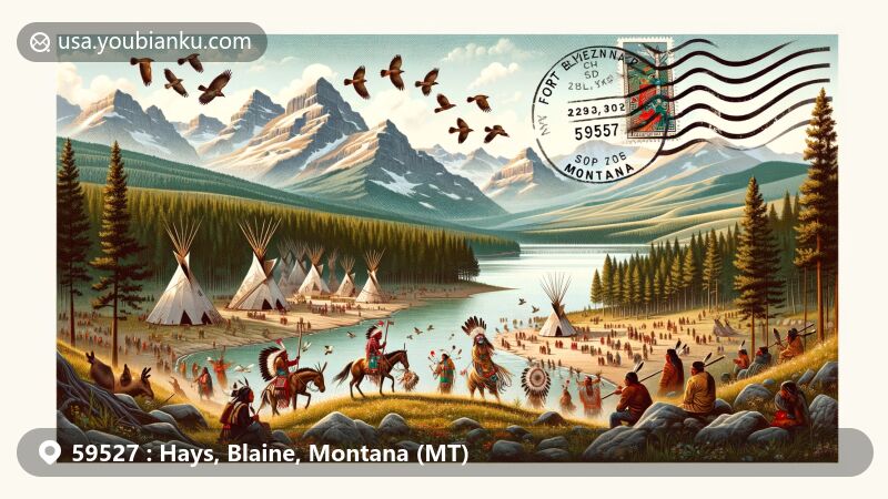 Vibrant illustration of Hays community in Fort Belknap Indian Reservation, showcasing scenic mountains, rivers, and cultural elements of Gros Ventre tribe at Powwow festival, along with postcard corner displaying stamp and postmark with ZIP Code 59527.