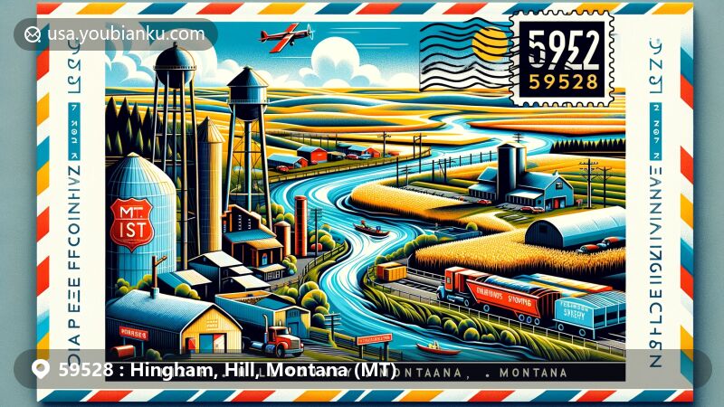 Modern illustration of Hingham, Hill County, Montana, showcasing postal theme with ZIP code 59528, featuring water tower, agricultural scenes, Fresno Reservoir, and northern Montana landscapes.