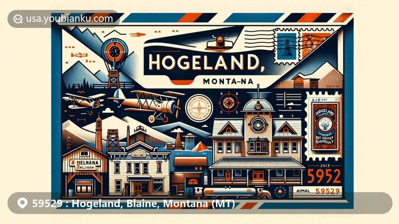 Modern illustration of Hogeland, Montana's postal theme with ZIP code 59529, showcasing Great Northern Railway, symbolic buildings, and cultural aspects from Fort Belknap Indian Reservation.