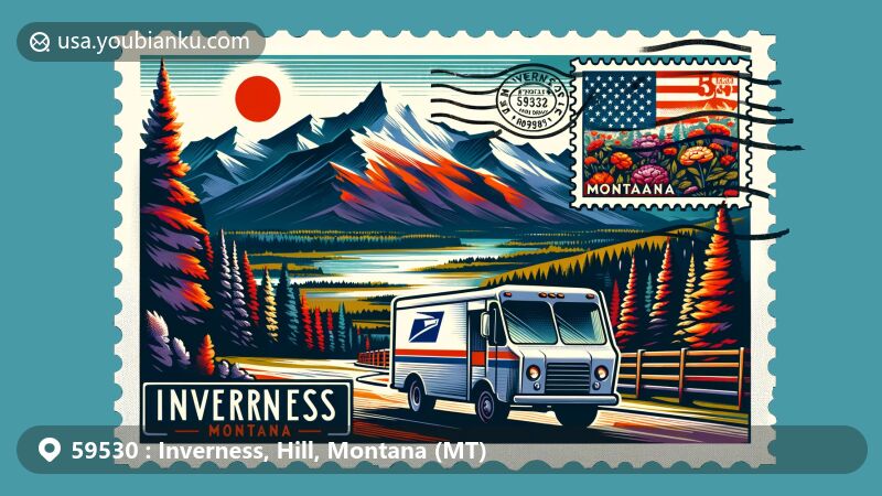 Modern illustration of Inverness, Montana, highlighting the picturesque natural scenery with mountains and forests, postal theme with state flag and flower, postmark with ZIP code 59530, and classic American postal van.