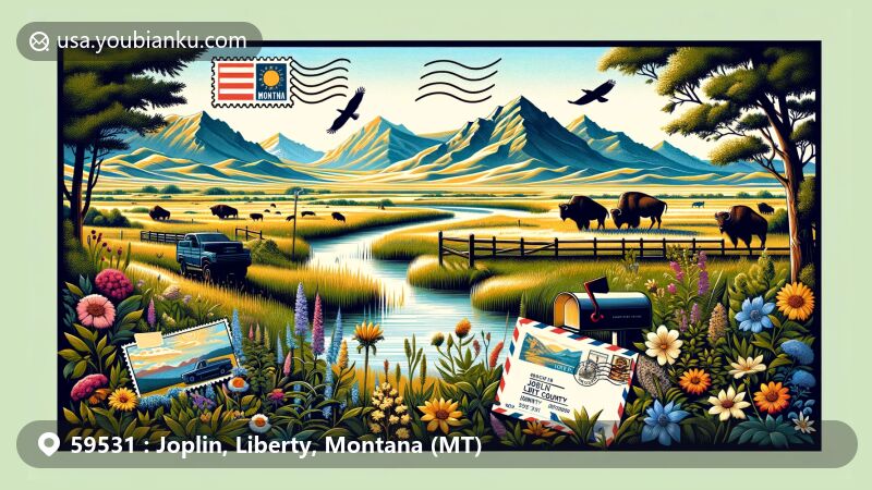 Modern illustration of Joplin, Montana, showcasing tranquil countryside with mountains, wildlife, and wildflowers, featuring Montana State and Liberty County symbols.