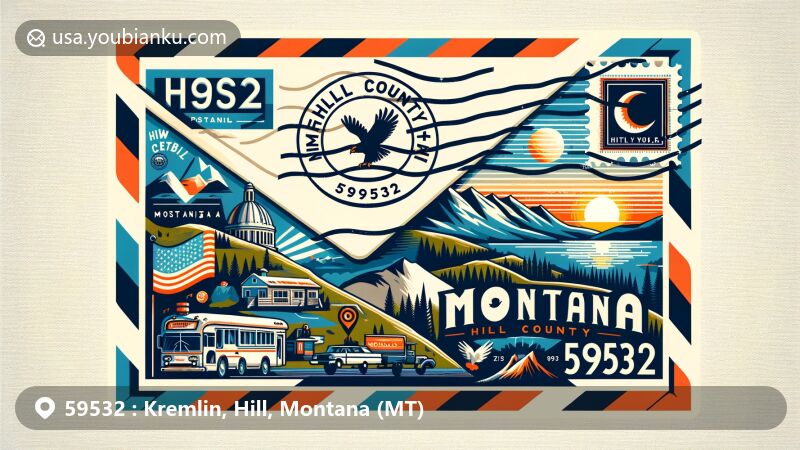 Modern illustration of Kremlin, Hill County, Montana, highlighting postal theme with ZIP code 59532, featuring vintage airmail envelope with stamp, postmark, and Montana state symbols.