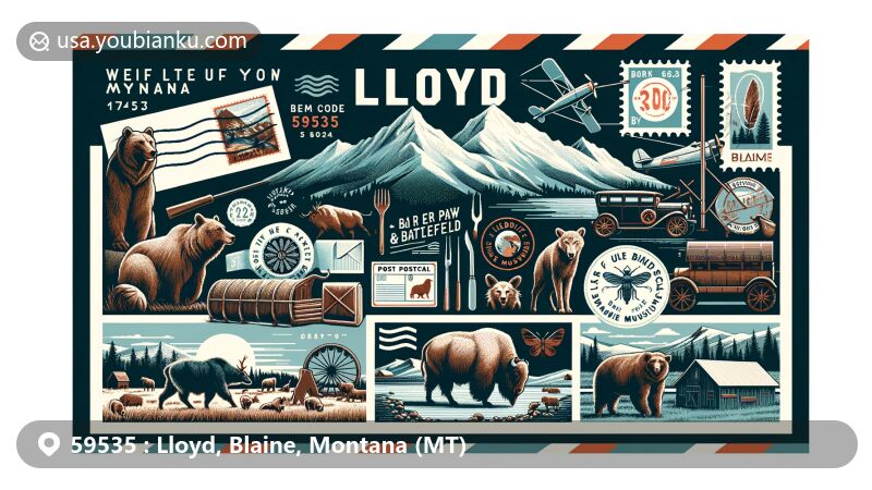 Modern illustration of Lloyd, Blaine County, Montana, blending postcard and airmail envelope themes, with ZIP code 59535, showcasing Bear Paw Mountains, Bear Paw Battlefield, Wildlife Museum animals, sheep, cattle, stamp, postmark.
