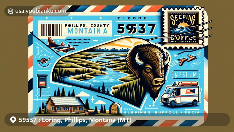 Modern illustration of Phillips County, Montana, showcasing airmail envelope design with postal elements and scenic views of Bowdoin National Wildlife Refuge and Nelson Reservoir.