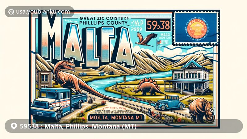 Modern illustration of Malta, Phillips County, Montana, featuring Great Plains Dinosaur Museum and local landmarks, with a vintage postcard design highlighting the town's paleontological connection.