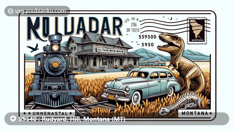 Modern illustration of Rudyard, Montana, depicting the Montana Dinosaur Trail with dinosaur fossils, old train station museum, Hi-Line Vintage Motors Museum, and wheat farms, incorporating postal theme elements like stamp, postmark, ZIP Code 59540, mailbox, and postal truck.