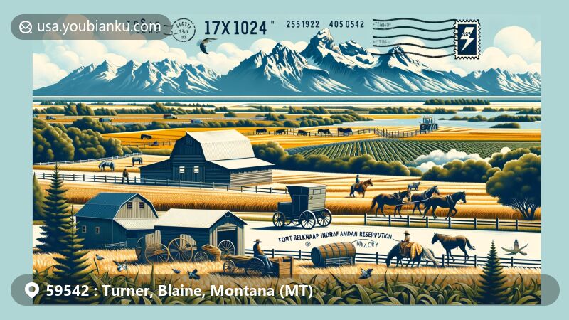 Modern illustration of ZIP code 59542 in Turner, Blaine County, Montana, combining elements of agriculture and Bear Paw Mountains, with cultural influences from Fort Belknap Indian Reservation and postal features like postcard shape, stamps, and postmark.