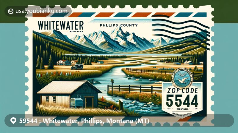 Modern illustration of Whitewater, Phillips County, Montana, showcasing postal theme with ZIP code 59544, featuring Rocky Mountains, quaint town, and vintage postal elements.