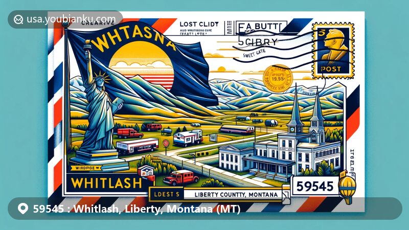 Modern illustration of ZIP code 59545 in Whitlash, Liberty County, Montana, showcasing state flag, Sweet Grass Hills, East Butte, and Gold Butte, with post office and elementary school on a postcard theme.