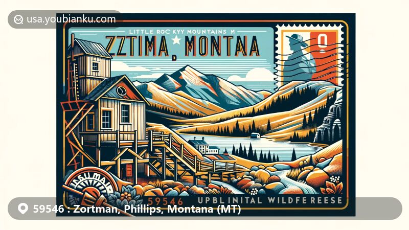 Modern illustration of Zortman, Montana, representing ZIP Code 59546, showcasing Little Rocky Mountains, miner's shack, and mine entrance, reflecting town's mining heritage, with background of Upper Missouri River Breaks National Monument and UL Bend National Wildlife Refuge.