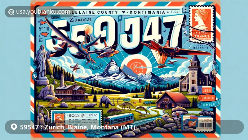 Modern illustration of Zurich, Blaine County, Montana, celebrating ZIP code 59547, incorporating Little Rocky Mountains, Blaine County Museum exhibits like dinosaur fossils and Nez Perce artifacts, highlighting county's landmarks.