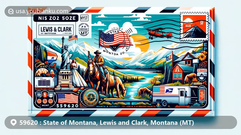 Colorful illustration of Lewis and Clark County, Montana (MT), showcasing airmail envelope with ZIP code 59620, featuring landmarks like Lewis and Clark Expedition and Missouri River.