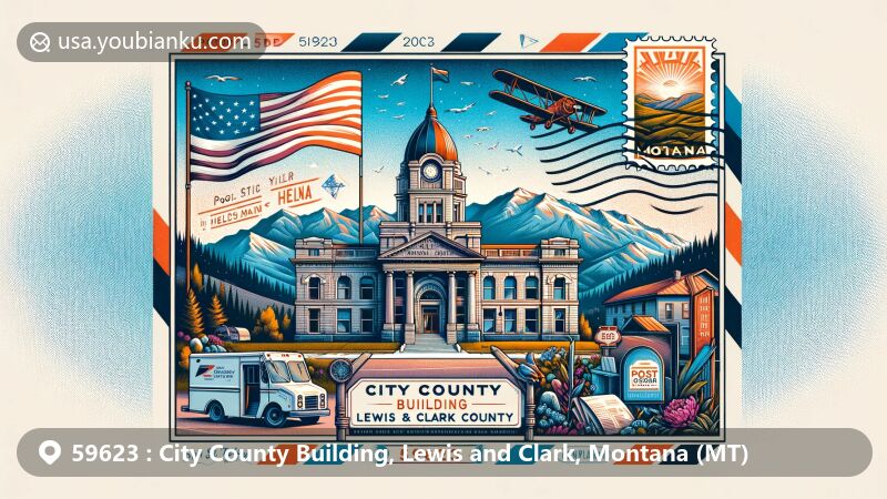 Modern illustration of Helena, Lewis and Clark County, Montana, showcasing postal theme with ZIP code 59623, featuring City County Building and Montana natural beauty.