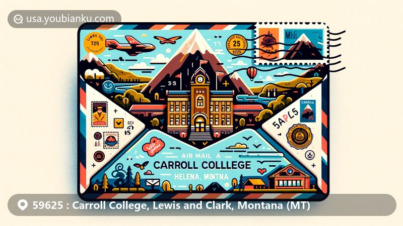 Modern illustration of airmail envelope with Montana and Lewis and Clark County symbols, featuring Carroll College and natural landscapes, stamps, postmark, and ZIP code 59625.