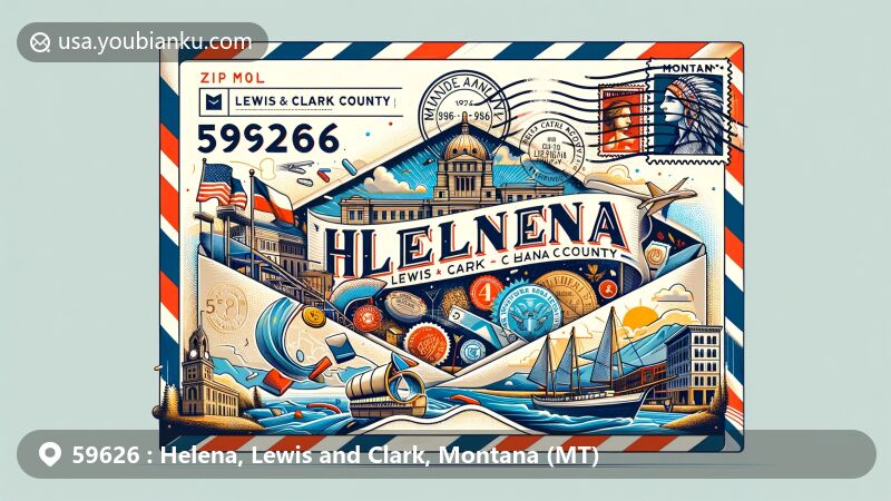 Vibrant illustration of Helena, Lewis and Clark County, Montana, showcasing postal theme with ZIP code 59626, featuring Montana State Capitol, Lewis and Clark County map outline, and gold rush history elements.