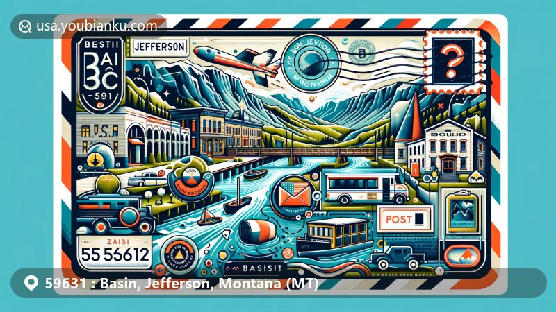 Modern illustration of Basin, Jefferson, Montana, featuring Boulder Batholith elements, historic mining structures, and gold mining history symbols, with Jefferson River flowing through, integrated postal elements like stamps, postmarks, ZIP code, mailboxes, and mail truck.