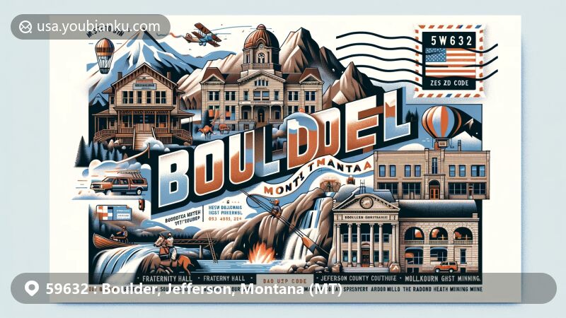 Modern illustration of Boulder, Montana, Jefferson County, with ZIP code 59632, resembling an air mail envelope postcard, showcasing Boulder Batholith and historical landmarks like Fraternity Hall, Jefferson County Courthouse, and Montana Deaf and Dumb Asylum, along with Boulder Hot Springs and Elkhorn Ghost Mining Town, featuring cultural elements such as Boulder Rodeo and radon health mines.