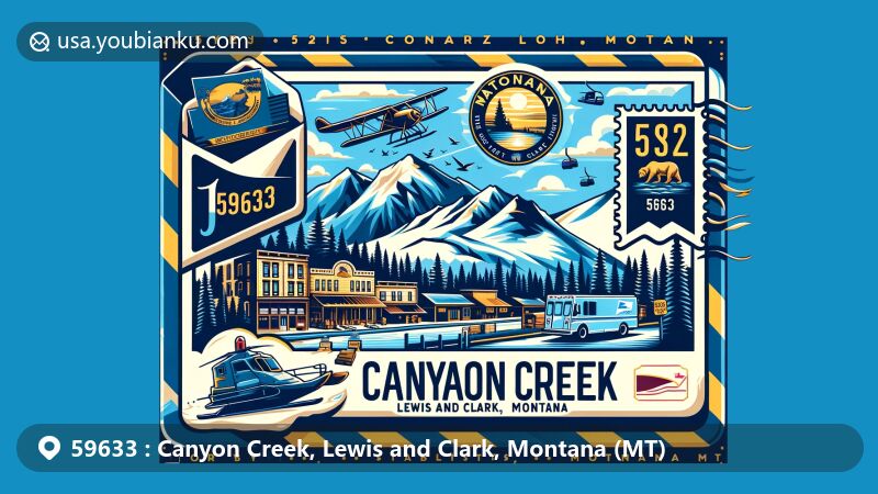 Modern illustration of Canyon Creek, Lewis and Clark, Montana, featuring airmail envelope with ZIP code 59633 and Montana state flag with state seal and 'Montana' in yellow on dark blue background, showcasing postal elements and regional landmarks like Marysville buildings and Helena National Forest.