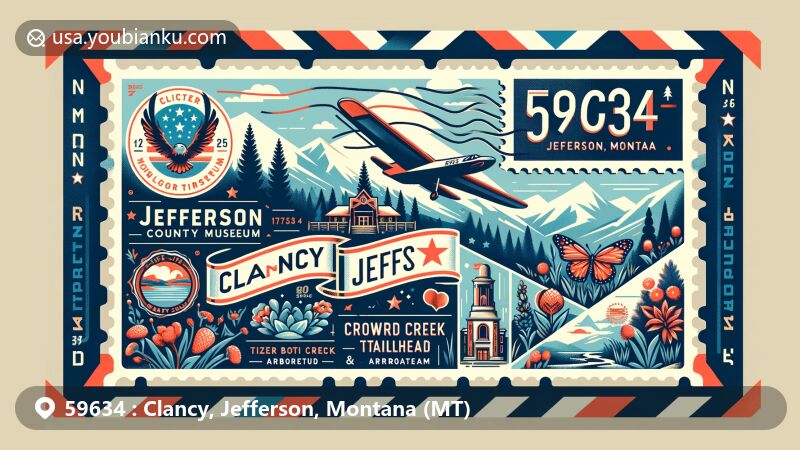 Modern illustration of Clancy, Jefferson County, Montana, showcasing airmail envelope with postal elements, featuring Jefferson County Museum, Tizer Botanic Gardens & Arboretum, Willard Creek Trailhead, Crow Creek Trail, Strawberry Butte, and Montana state flag.